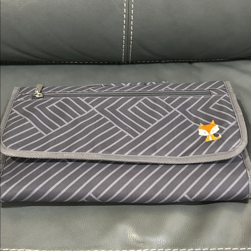 Gray Striped Foldable Changing Pad with Fox Logo